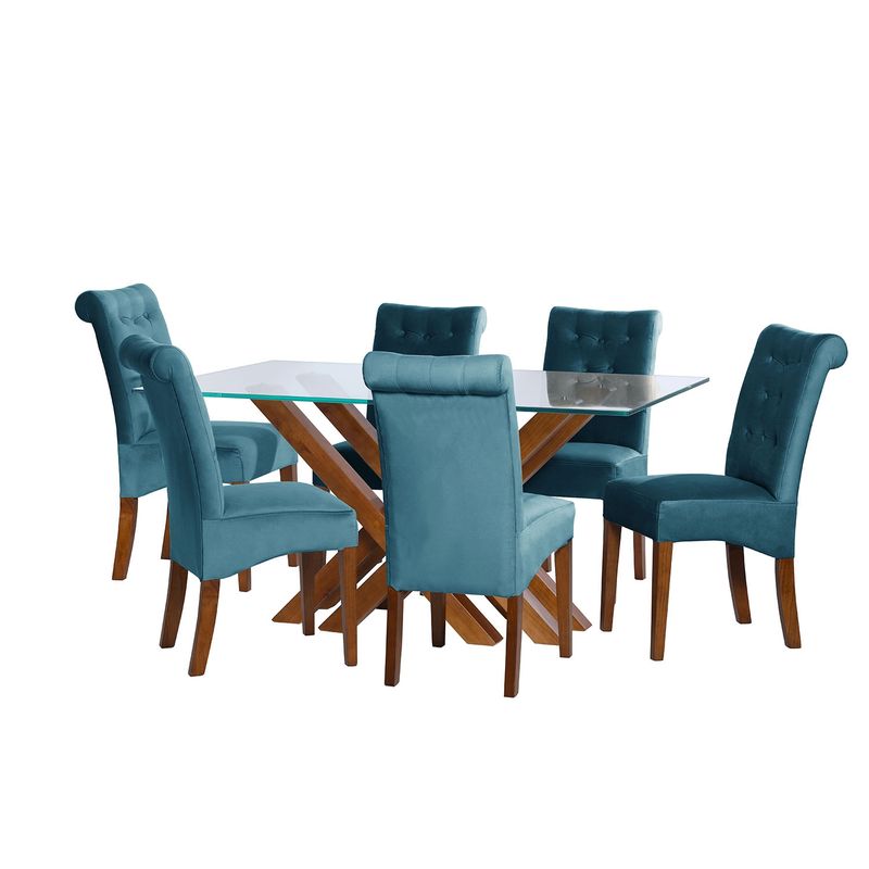 LATAM HOME - JUEGO DE COMEDOR MERIDA 6 SILLAS OVIEDO TELA VELVET AZUL PETROLEO