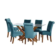 LATAM HOME - JUEGO DE COMEDOR MERIDA 6 SILLAS OVIEDO TELA VELVET AZUL PETROLEO
