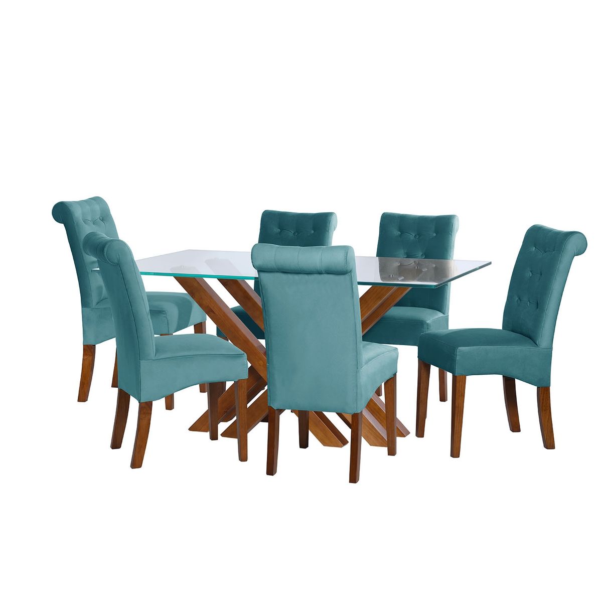LATAM HOME - JUEGO DE COMEDOR MERIDA 6 SILLAS OVIEDO TELA VELVET TURQUESA