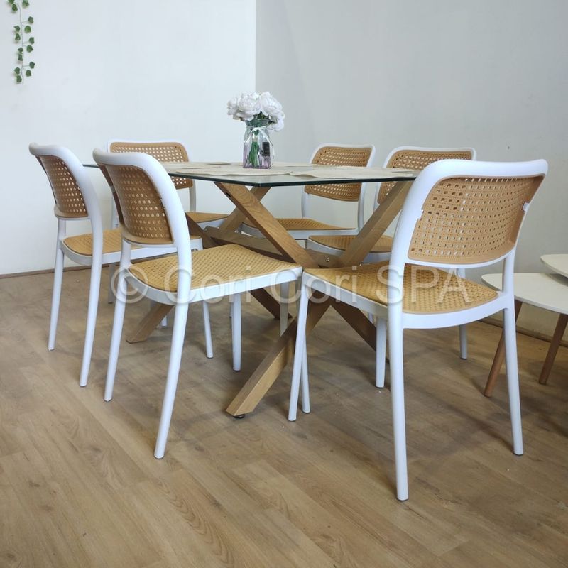 CORI CORI - Comedor Medlock Vidrio 140 x 90 + 6 Sillas Delta Blanco