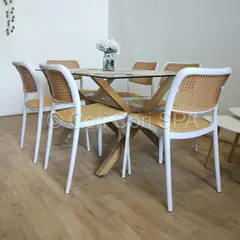 CORI CORI - Comedor Medlock Vidrio 140 x 90 + 6 Sillas Delta Blanco
