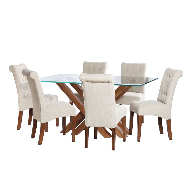 LATAM HOME - Juego de Comedor Latam Home Merida Vidrio Templado y Lino Blanco