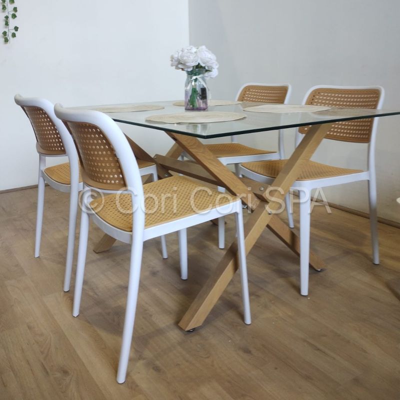 CORI CORI - Comedor Medlock Vidrio 140x90 + 4 sillas Delta Blanco