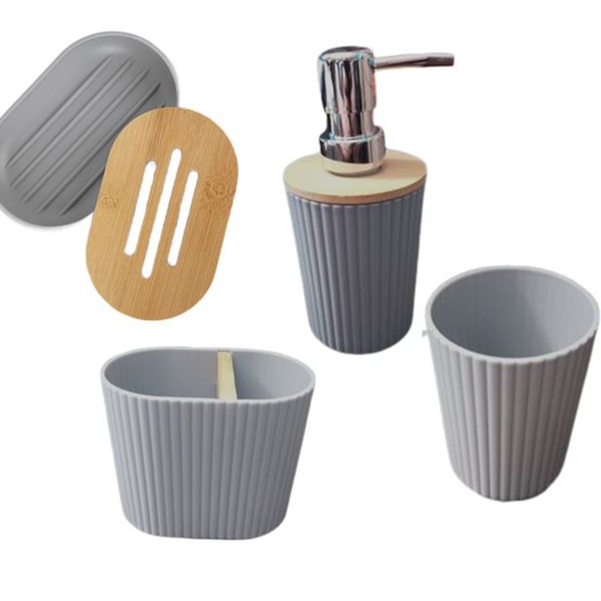 GENERICO - Set De Baño 4 Piezas Ducha Elegante Bambu Dispensadores