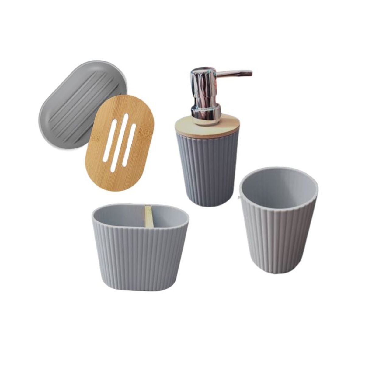 GENERICO - Set De Baño 4 Piezas Ducha Elegante Bambu Dispensadores