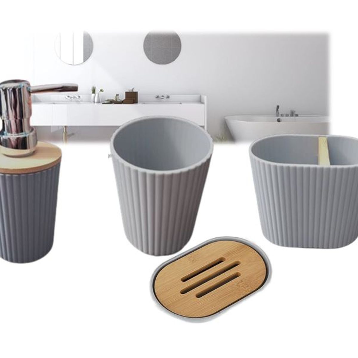 GENERICO - Set De Baño 4 Piezas Ducha Elegante Bambu Dispensadores