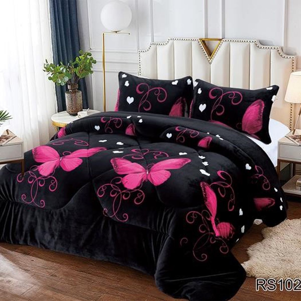 GENERICO - COBERTOR NEGRO DISEÑO MARIPOSA  FUCSIA PLUSH CON CHIPORRO 2 PLAZA ROUS