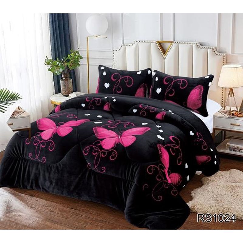 GENERICO - COBERTOR NEGRO DISEÑO MARIPOSA  FUCSIA PLUSH CON CHIPORRO 2 PLAZA ROUS