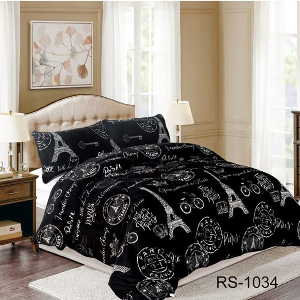 GENERICO - COBERTOR NEGRO DISEÑO PARIS PLUSH CON CHIPORRO 2 PLAZA ROUS