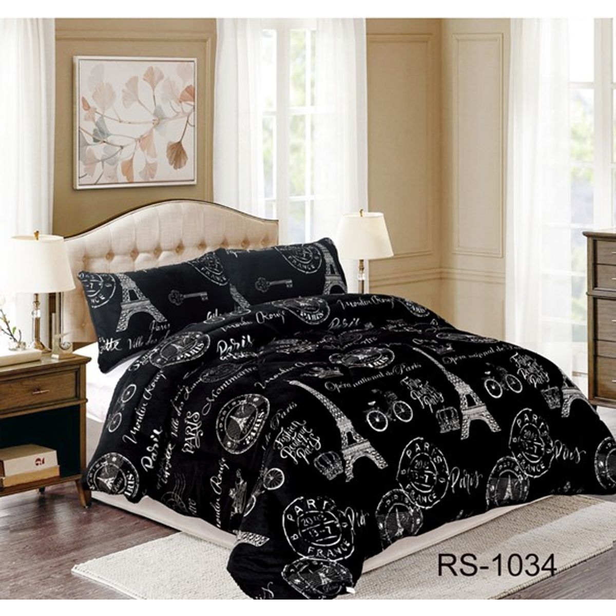 GENERICO - COBERTOR NEGRO DISEÑO PARIS PLUSH CON CHIPORRO 2 PLAZA ROUS