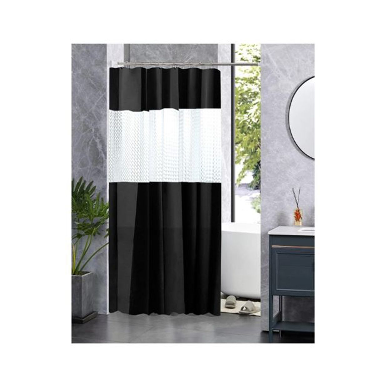 GENERICO - Cortina De Baño Negra Medidas 180x200 + 12 Ganchos Negros