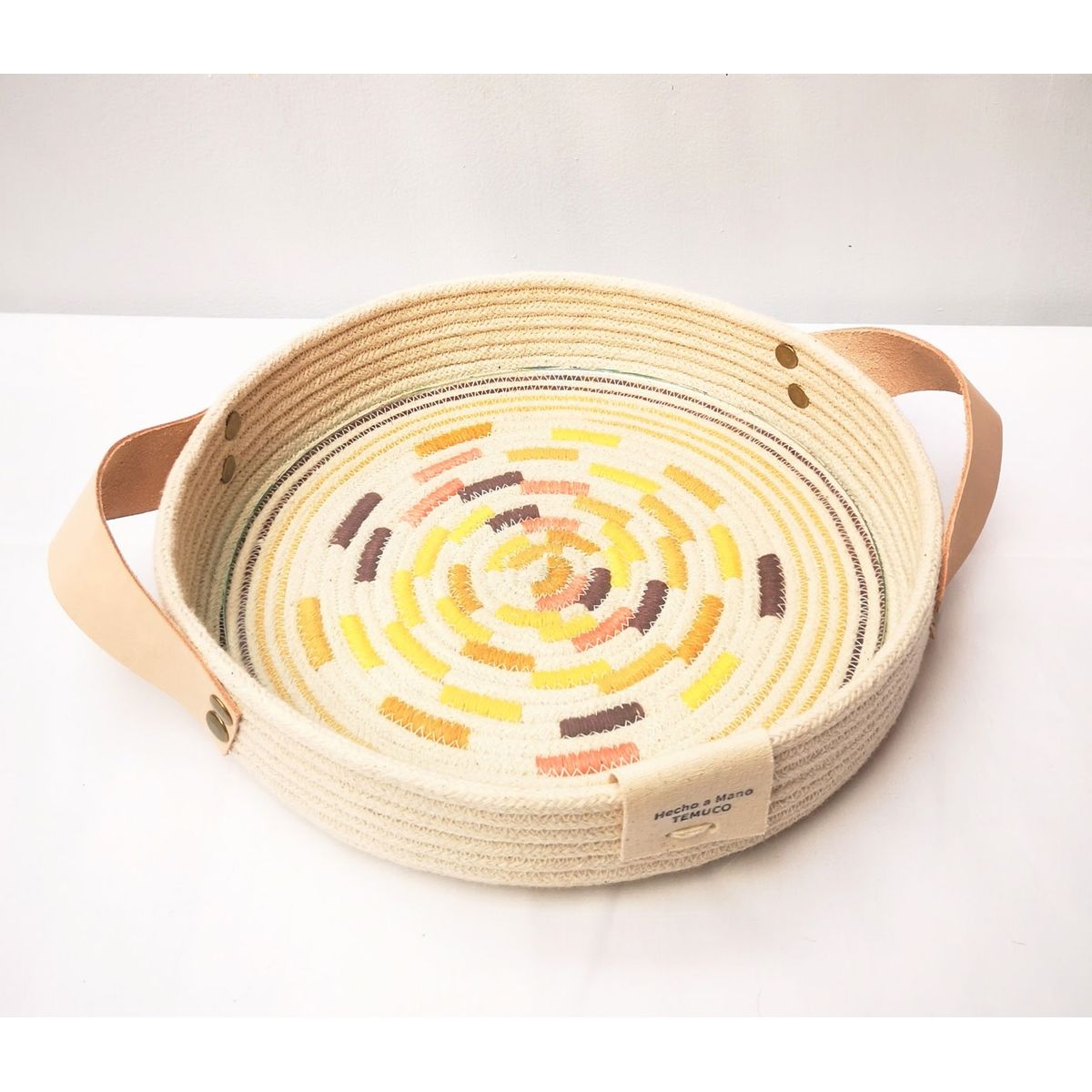 GENERICO - Cesto bajo de algodón embarrilado con asas de cuero ArtesMias