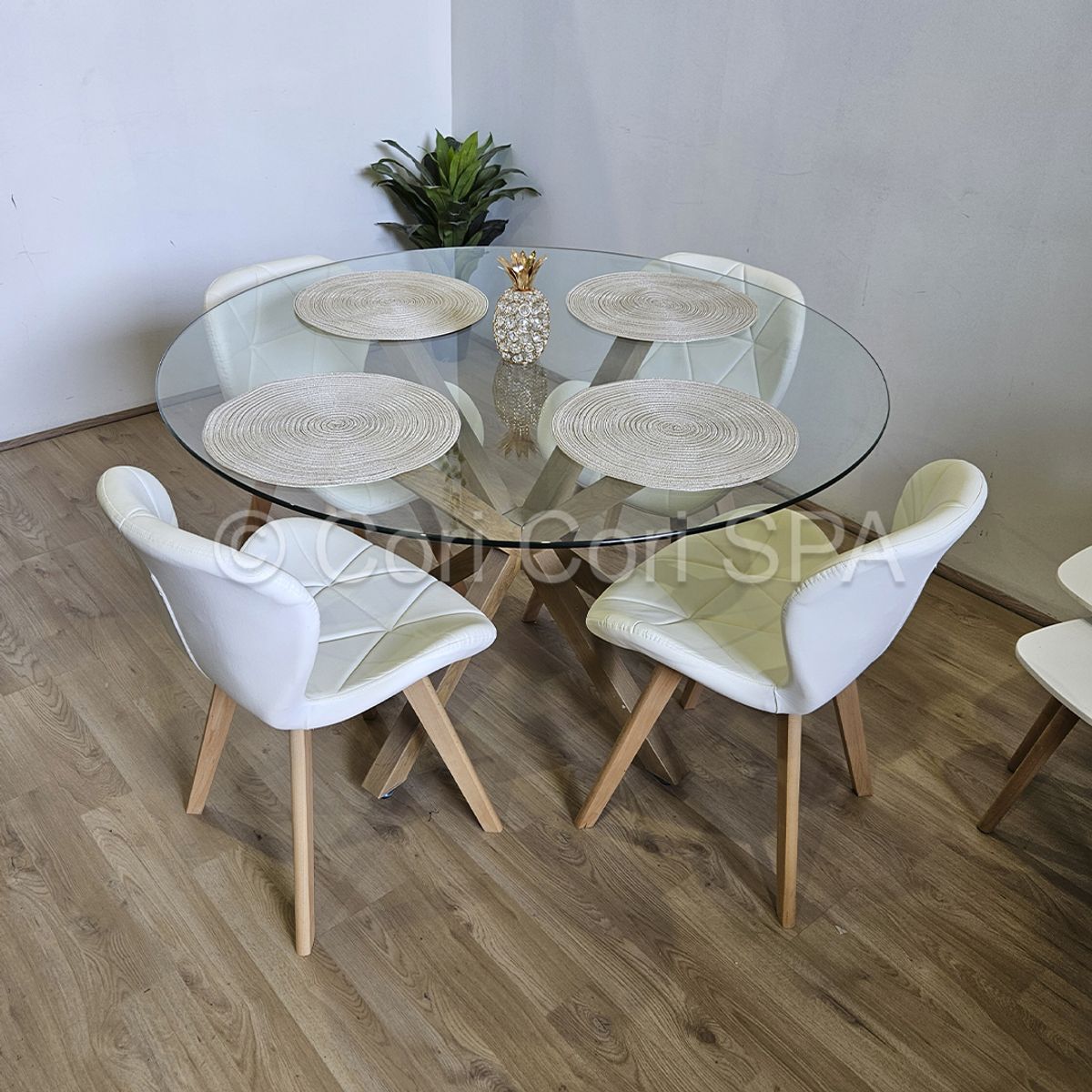 CORI CORI - Comedor Mesa Warwick 100cm + 4 Sillas Mariposa Ecocuero Wood Blanco