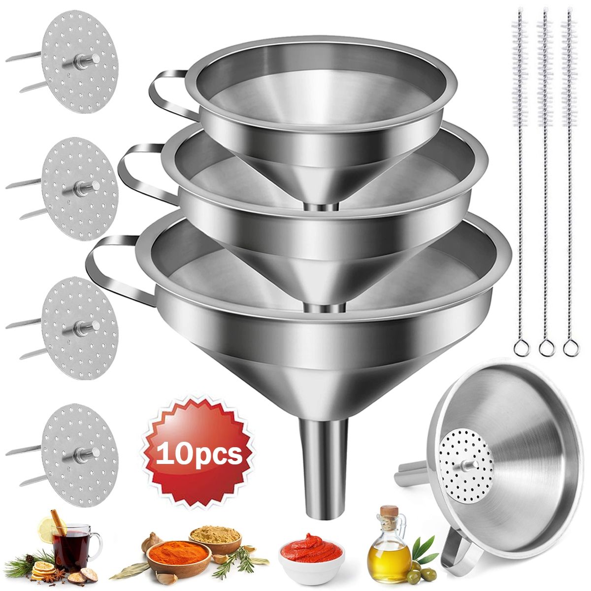 EDWINAYY - Embudo De Cocina De Acero Inoxidable 7 Piezas + Brocha X3