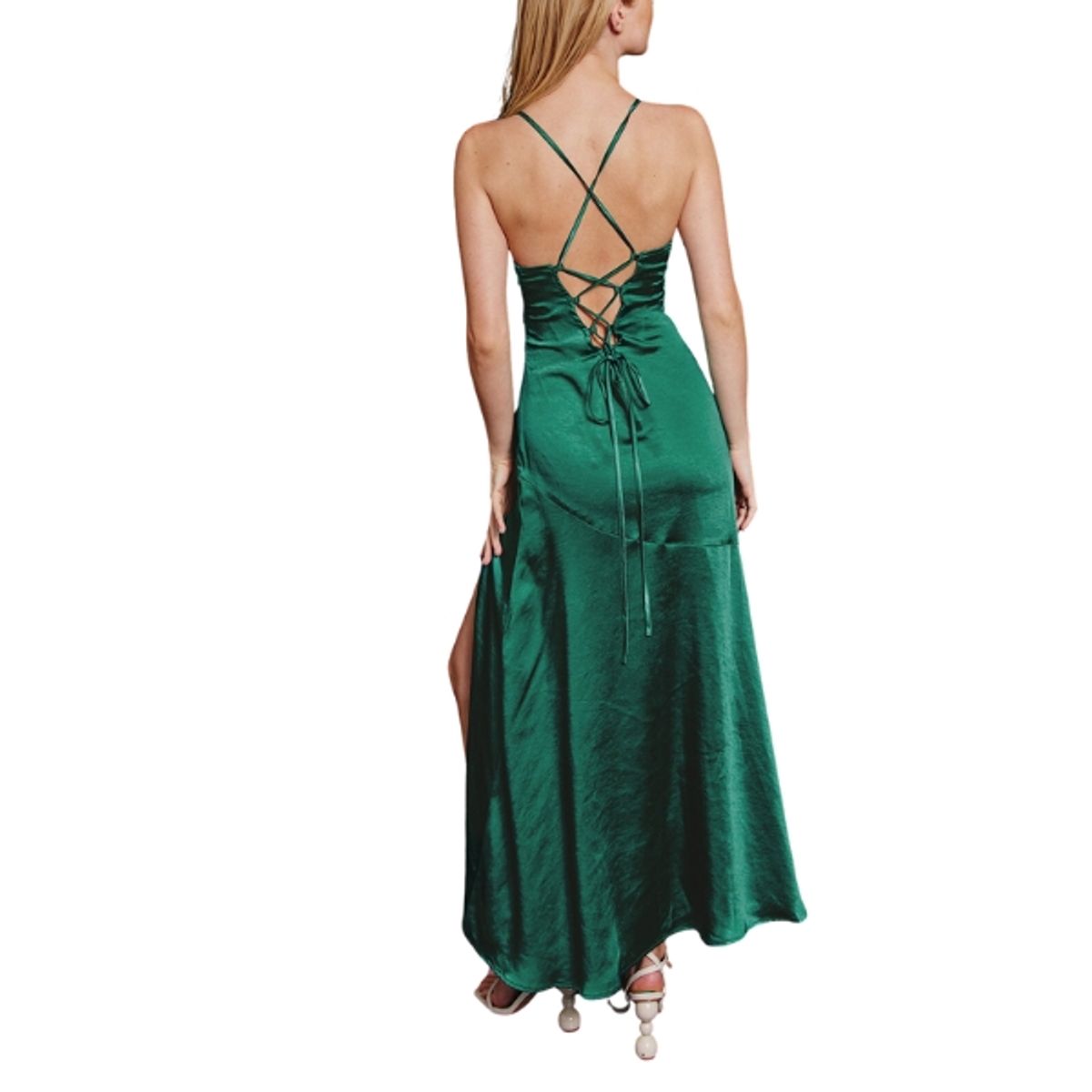 CAPRICHOSA - Maxi Vestido verde satinado espalda rebajda