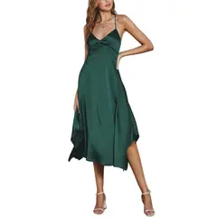 CAPRICHOSA - Midi Vestido Verde satinado basta asimétrica escote en V