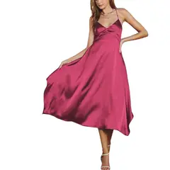 CAPRICHOSA - Midi Vestido Magenta satinado basta asimétrica escote en V