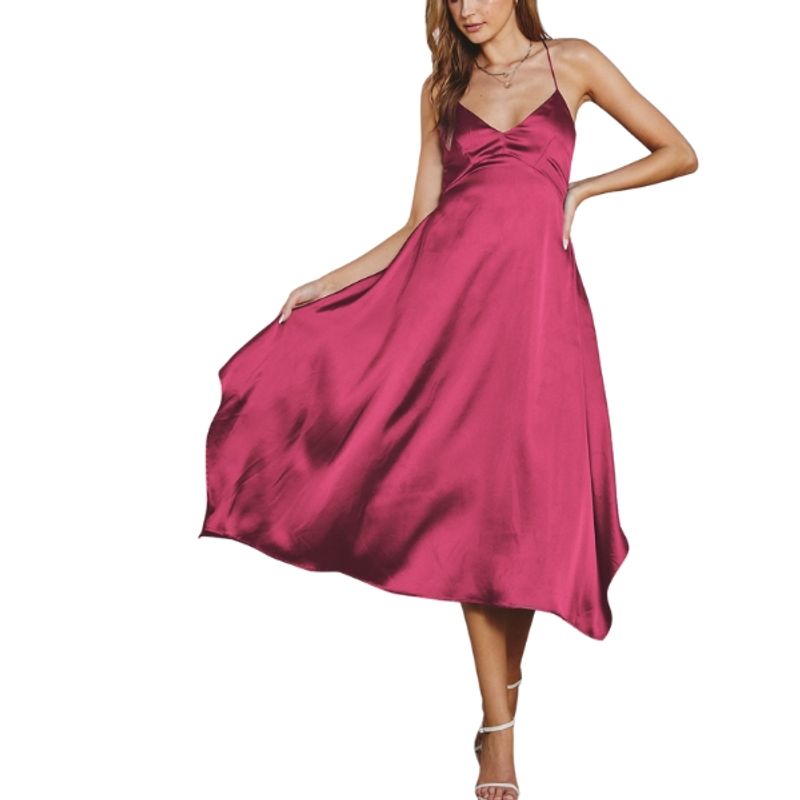 CAPRICHOSA - Midi Vestido Magenta satinado basta asimétrica escote en V