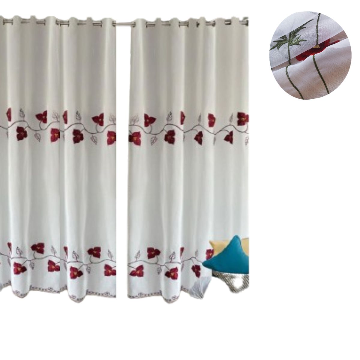 DIANA - visillo translucido bordado de flores roja 140x230 2 paño con argolla