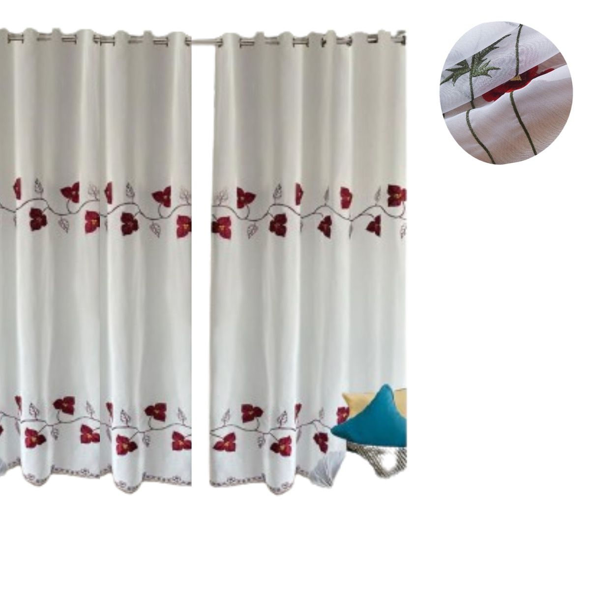 DIANA - visillo translucido bordado de flores roja 140x230 2 paño con argolla