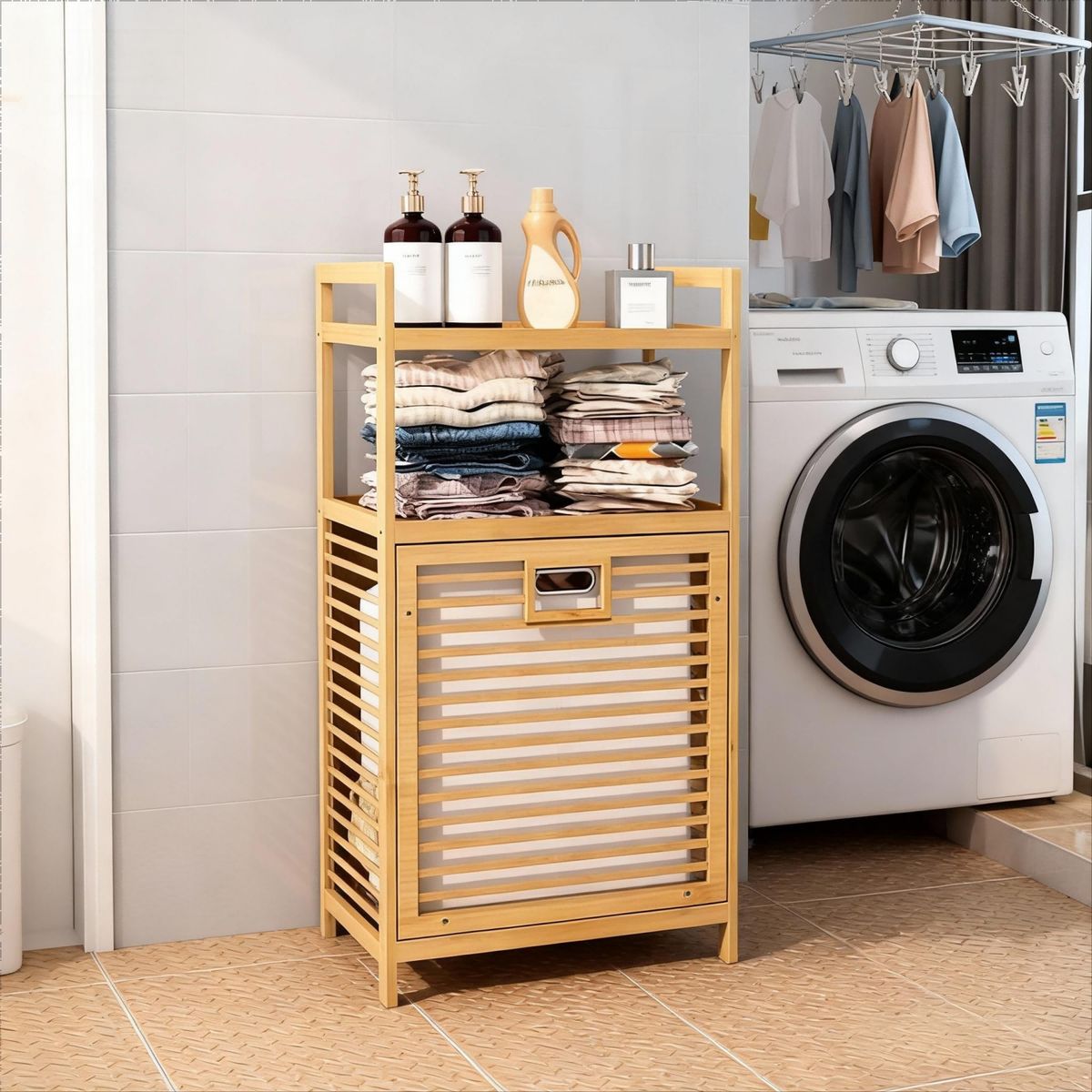 AIZO - Cesto para la ropa sucia con estantes de 2 niveles y cesta basculante