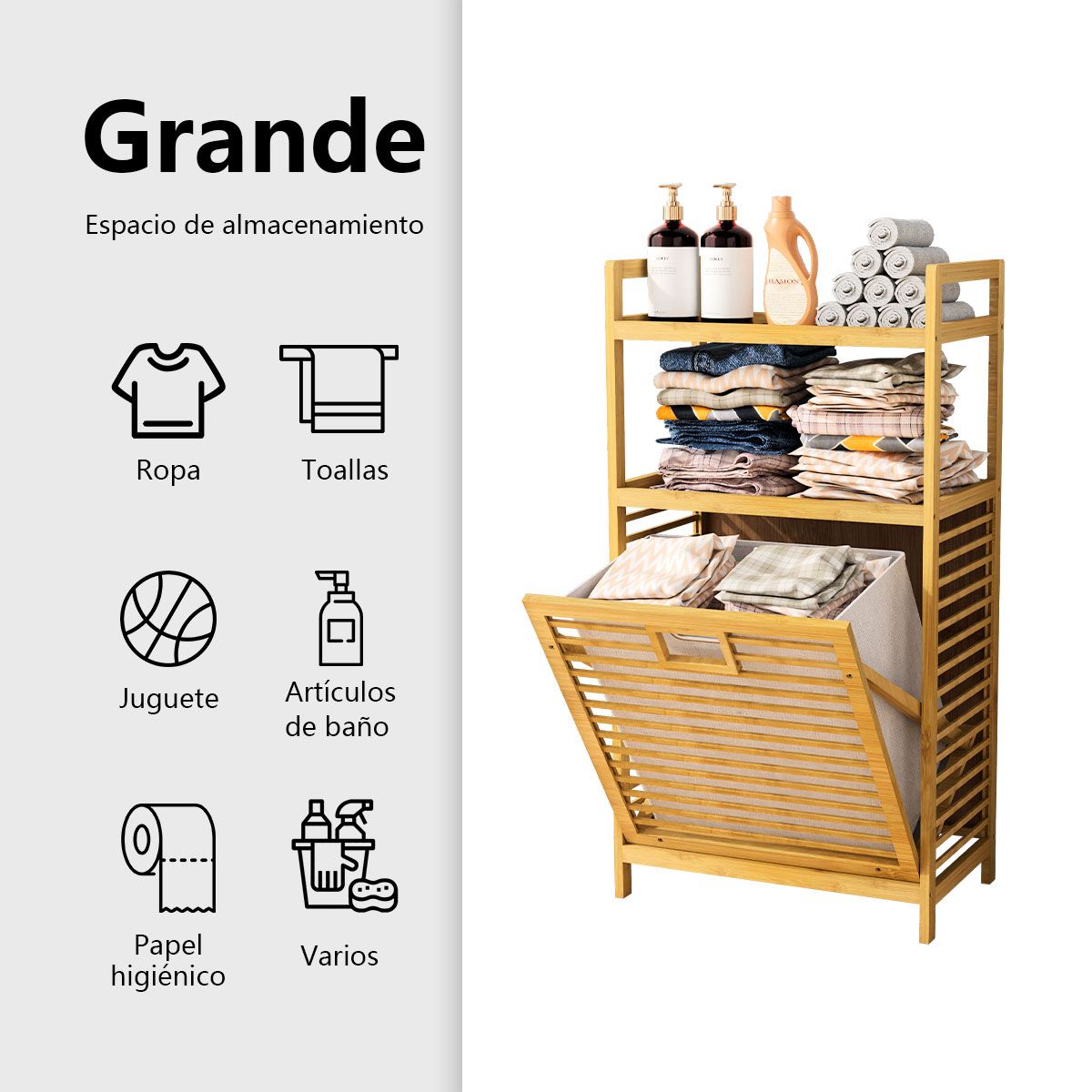 AIZO - Cesto para la ropa sucia con estantes de 2 niveles y cesta basculante