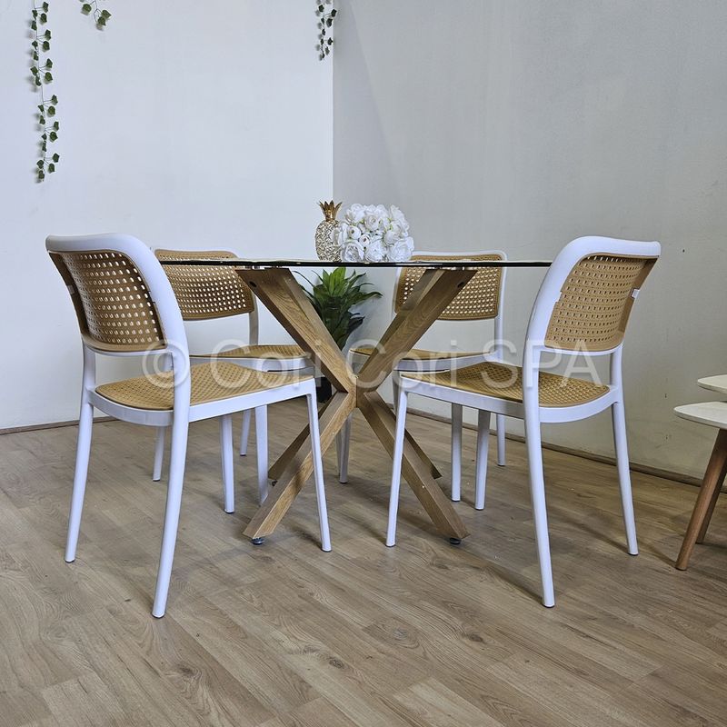 CORI CORI - Comedor Mesa Warwick Redonda Vidrio 100cm + 4 Sillas Delta Blanco