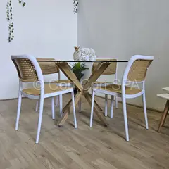CORI CORI - Comedor Mesa Warwick Redonda Vidrio 100cm + 4 Sillas Delta Blanco