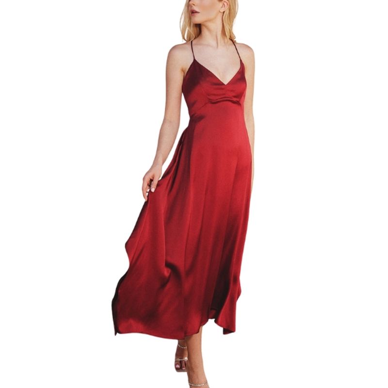 CAPRICHOSA - Midi Vestido Burdeo satinado basta asimétrica escote en V