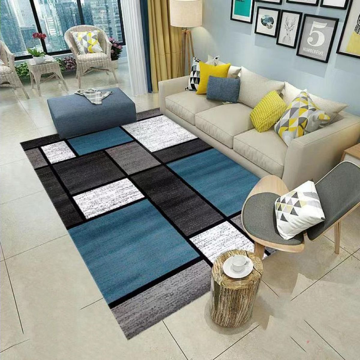 GENERICO - ALFOMBRA PARA LIVING 200X240 DELGADA AZUL DE CUADRO MARIA