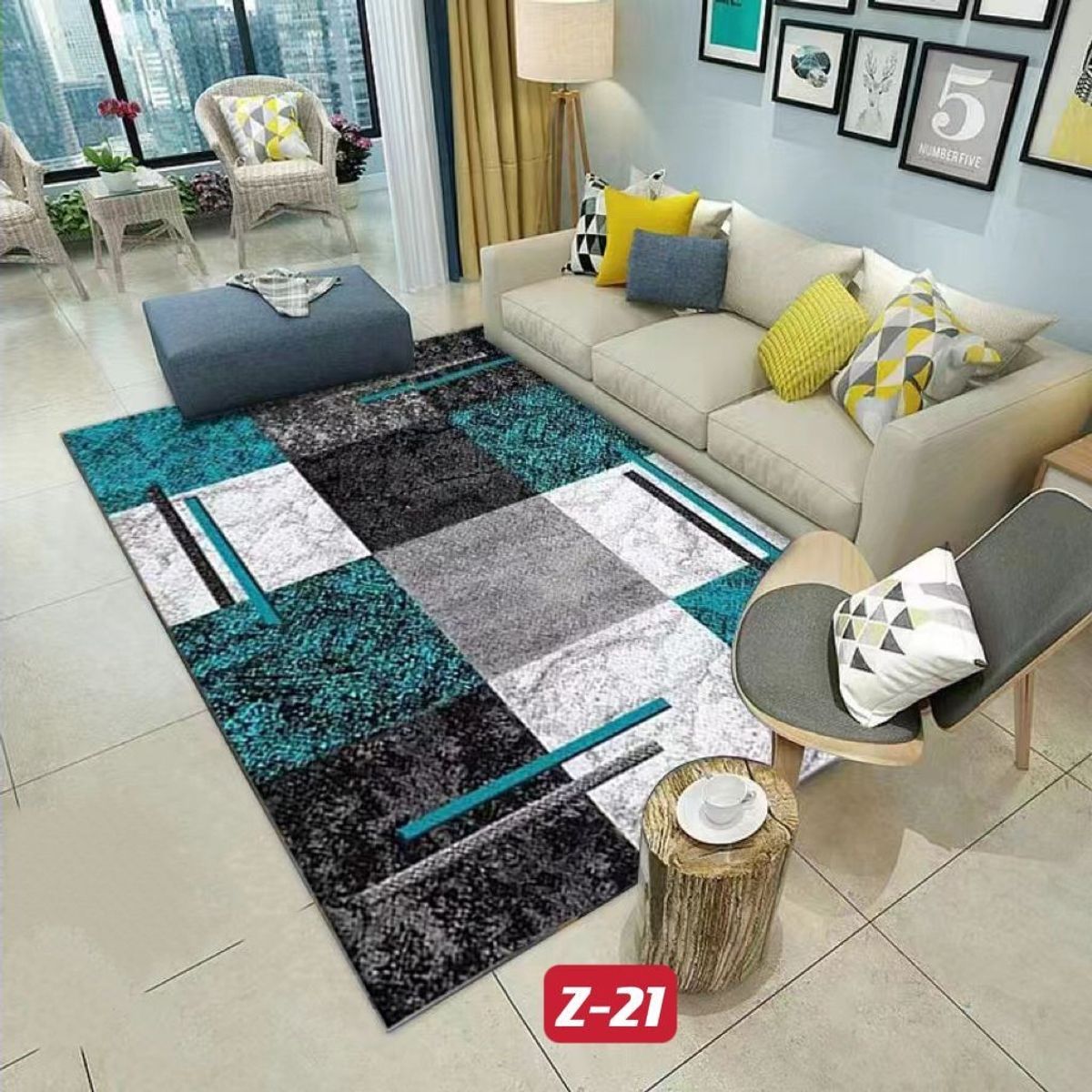 GENERICO - ALFOMBRA DECORATIVA PARA LIVING 200X240 DELGADA AZUL DE CUADRO MARIA