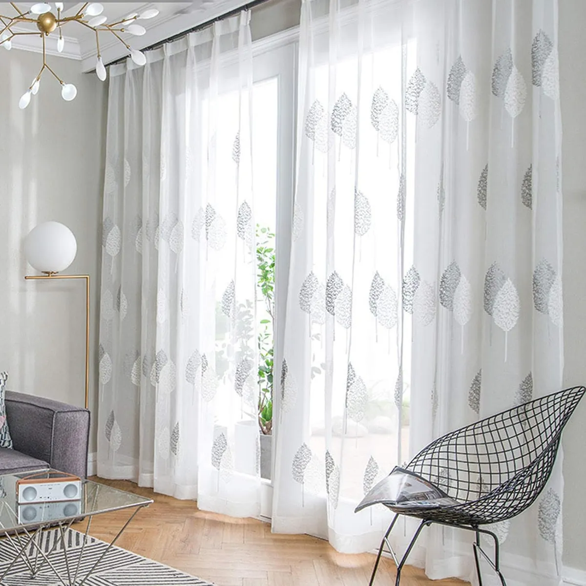 DIANA - visillo translucido bordado hojas grises 140x230 2 paño con argolla