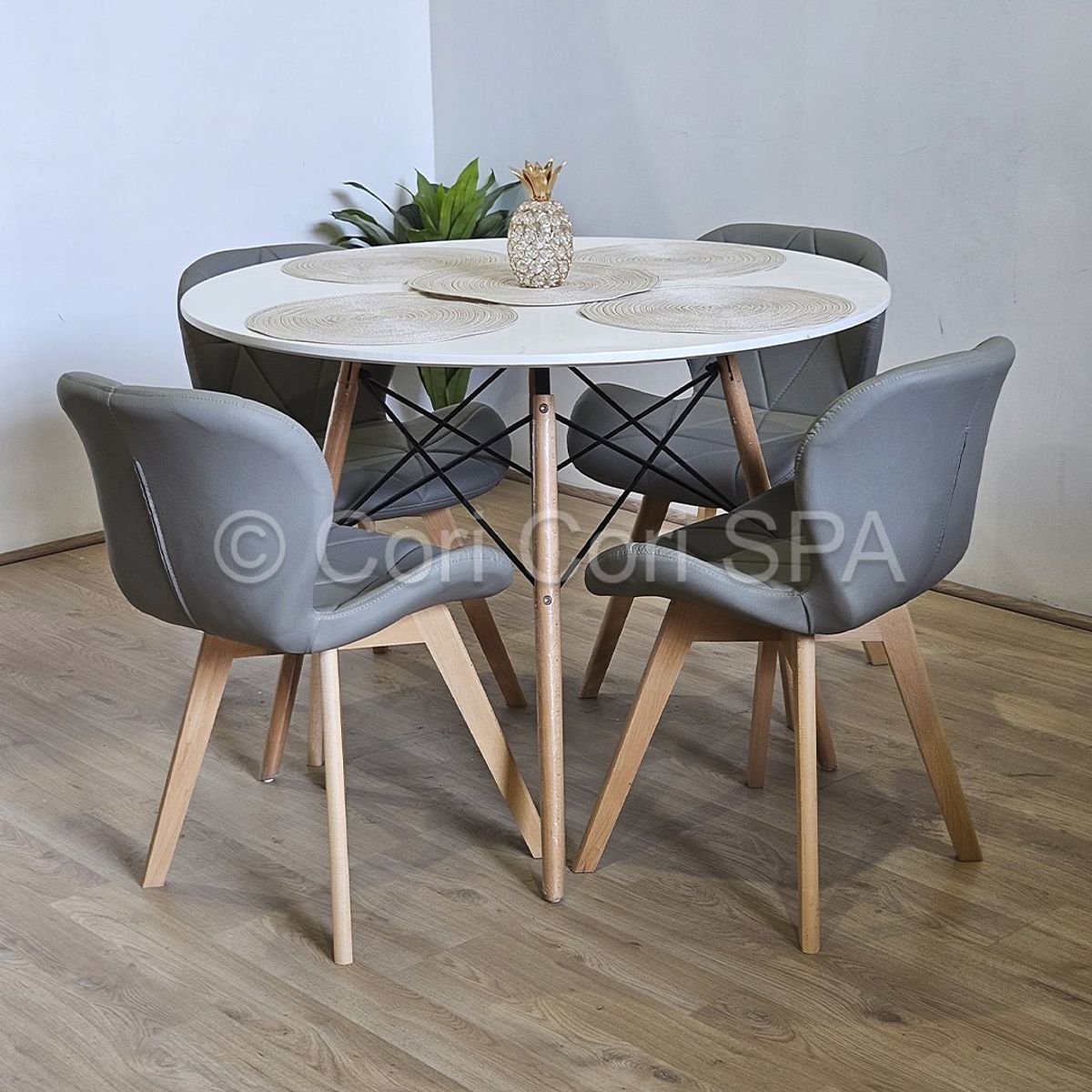 CORI CORI - Juego de Comedor Mesa Blanca 100cm + 4 Sillas Mariposa Wood Gris