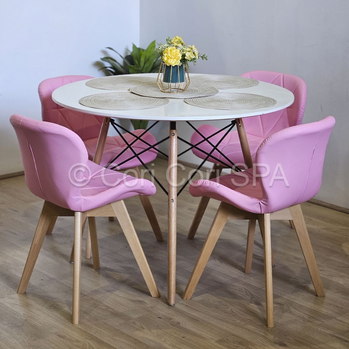GENERICO - Comedor Mesa Eames melamina blanco 100cm + 4 Sillas Mariposa Wood Rosa