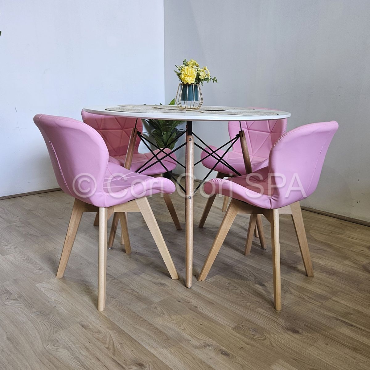 GENERICO - Comedor Mesa Eames melamina blanco 100cm + 4 Sillas Mariposa Wood Rosa