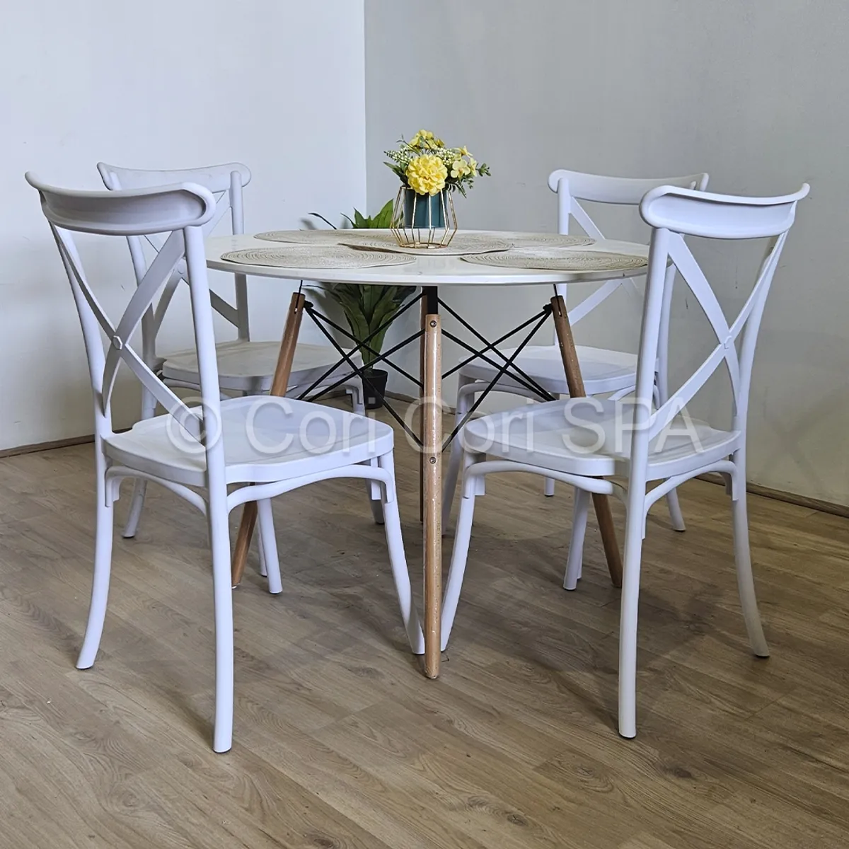 CORI CORI - Juego de Comedor Mesa Melamina Blanca 100cm + 4 Sillas Danubio