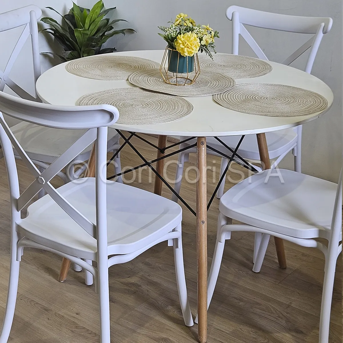 CORI CORI - Juego de Comedor Mesa Melamina Blanca 100cm + 4 Sillas Danubio