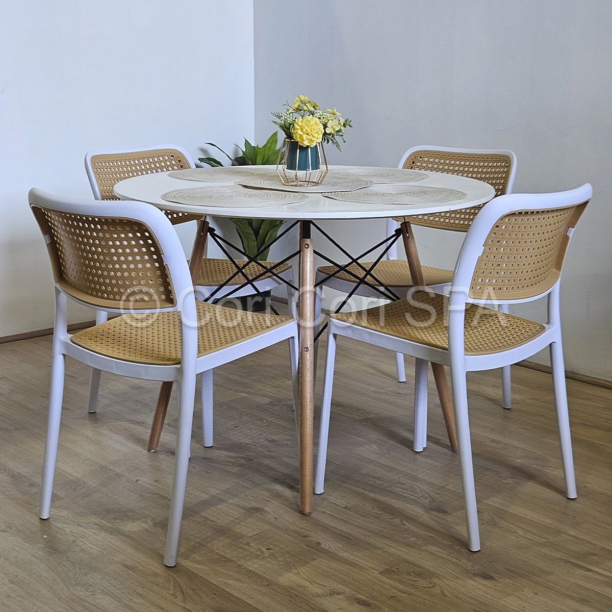 CORI CORI - Juego de Comedor Mesa Eames Blanco 100cm + 4 Sillas Delta Blanco