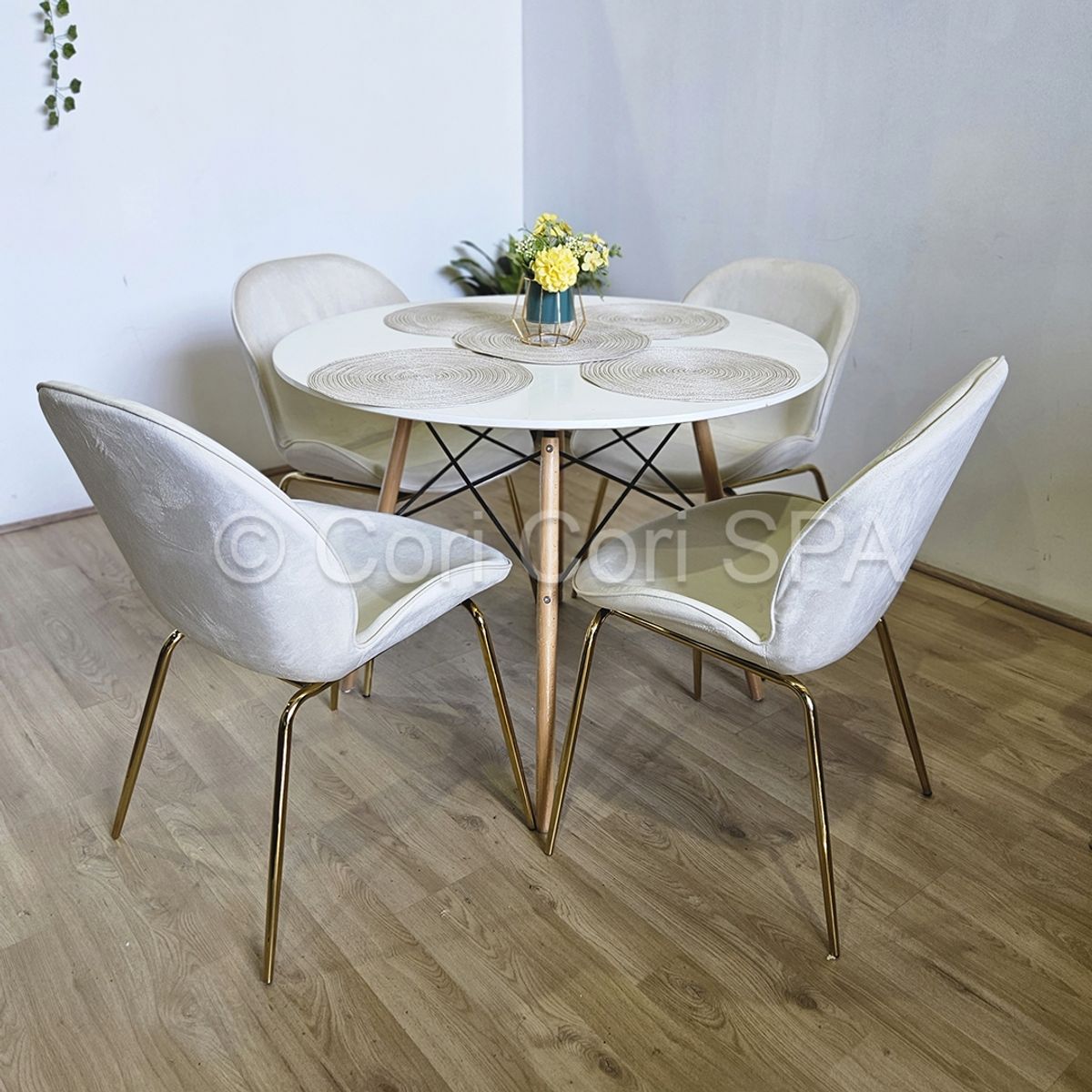 CORI CORI - Comedor Mesa Eames Redonda Blanca 100cm + 4 Sillas Beetle Beige