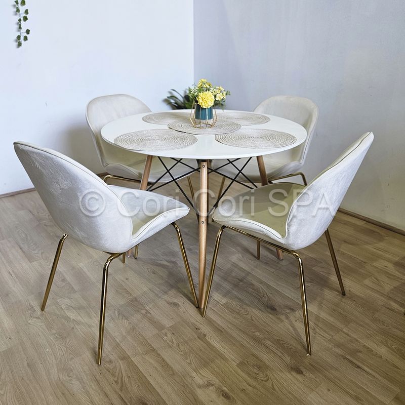 CORI CORI - Comedor Mesa Eames Redonda Blanca 100cm + 4 Sillas Beetle Beige