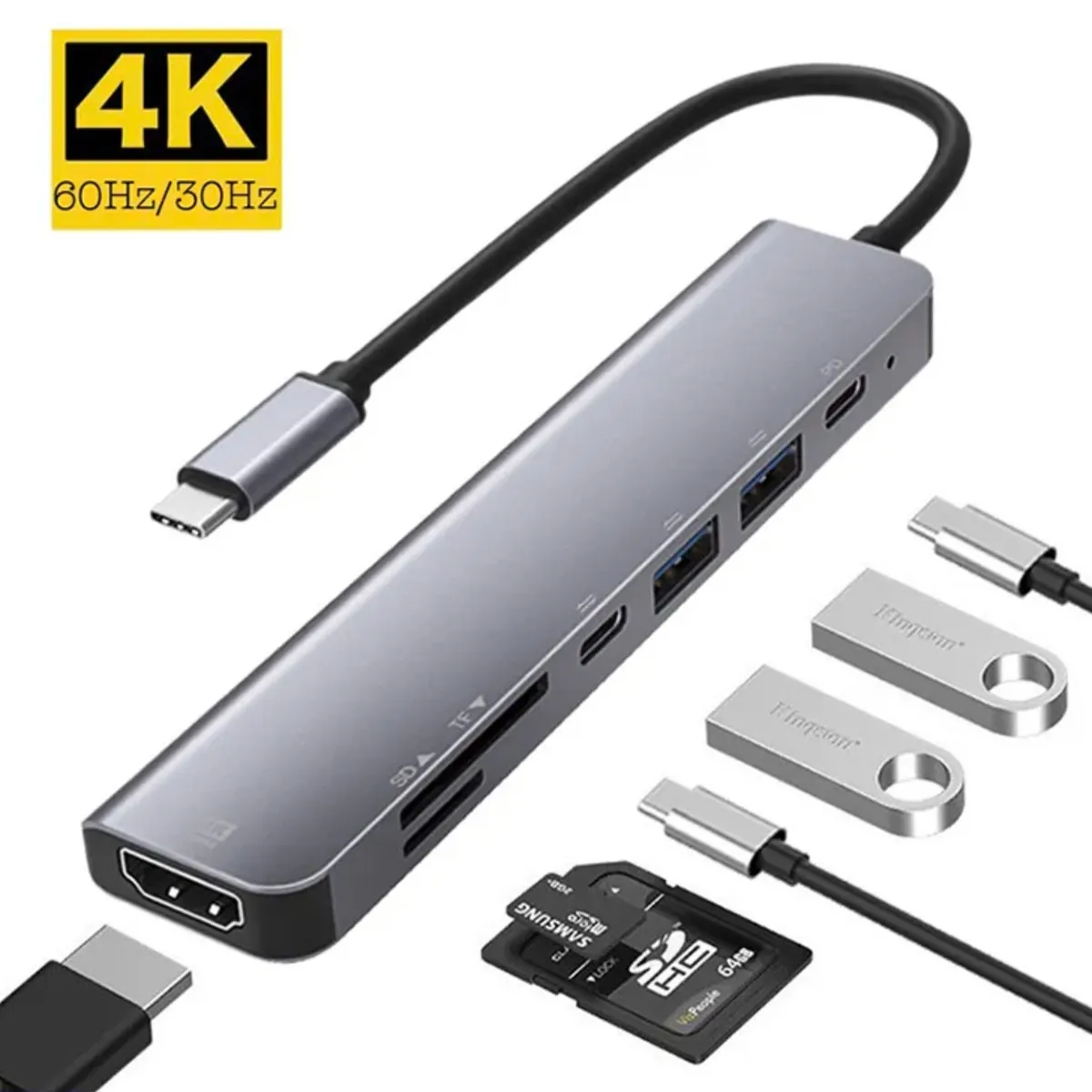 GENERICO - Docking Station Hub 7 En 1 USB-C 4k 60 Hz Compatible Mac, PC