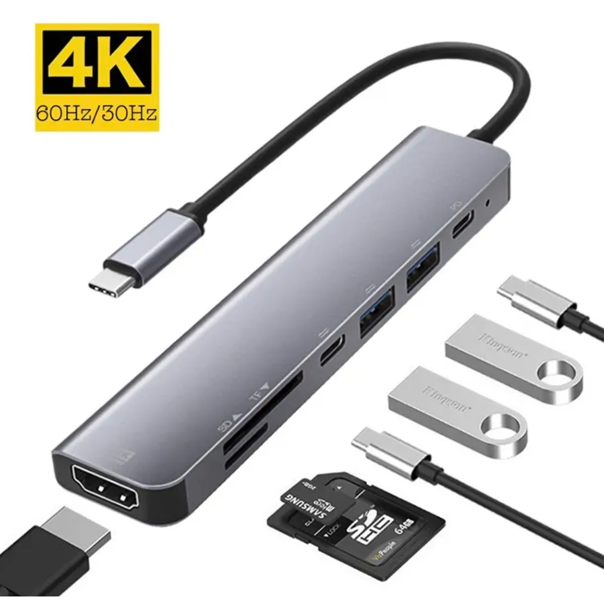 GENERICO - Docking Station Hub 7 En 1 USB-C 4k 60 Hz Compatible Mac, PC