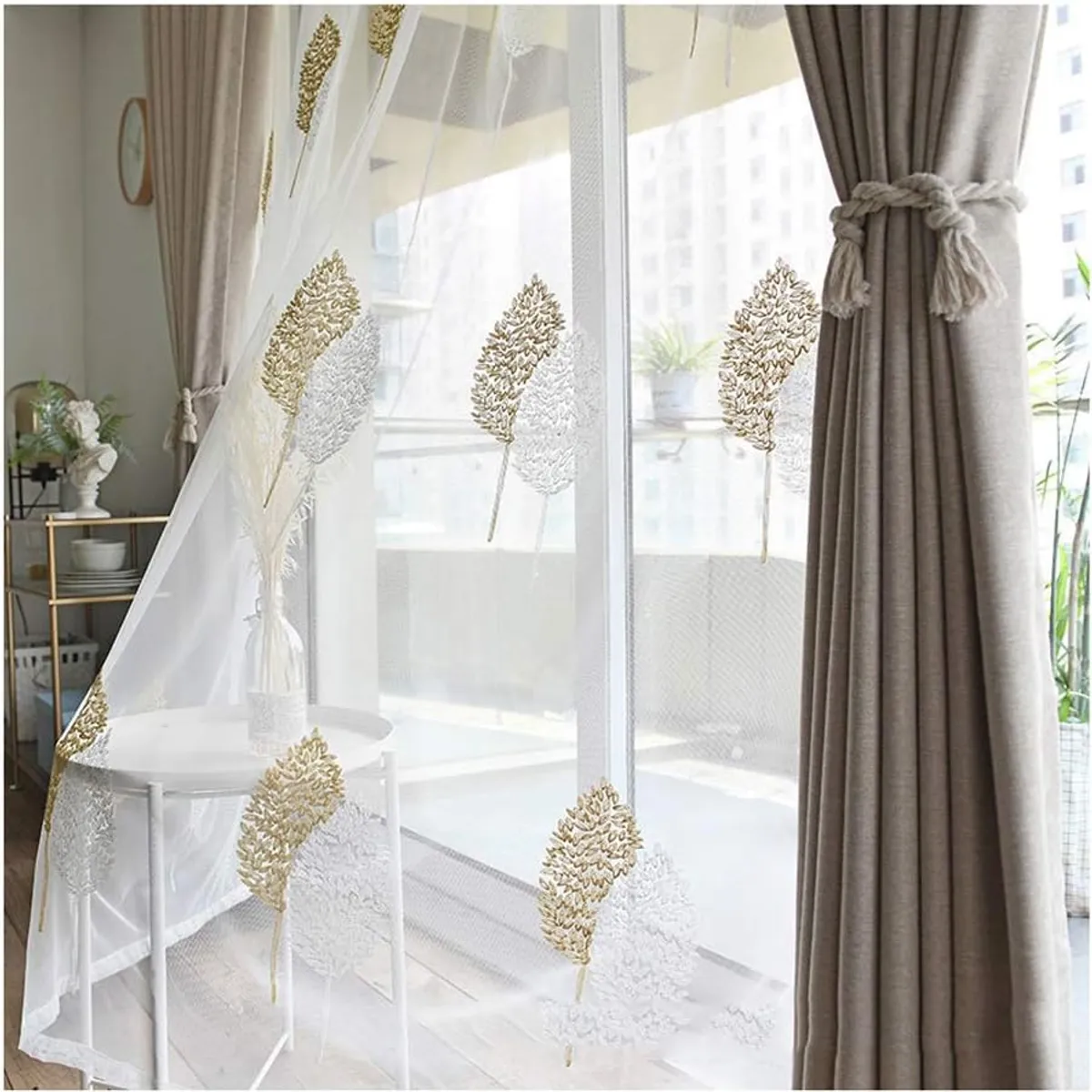 DIANA - visillo translucido bordado hojas beige  140x230 2 paño con argolla