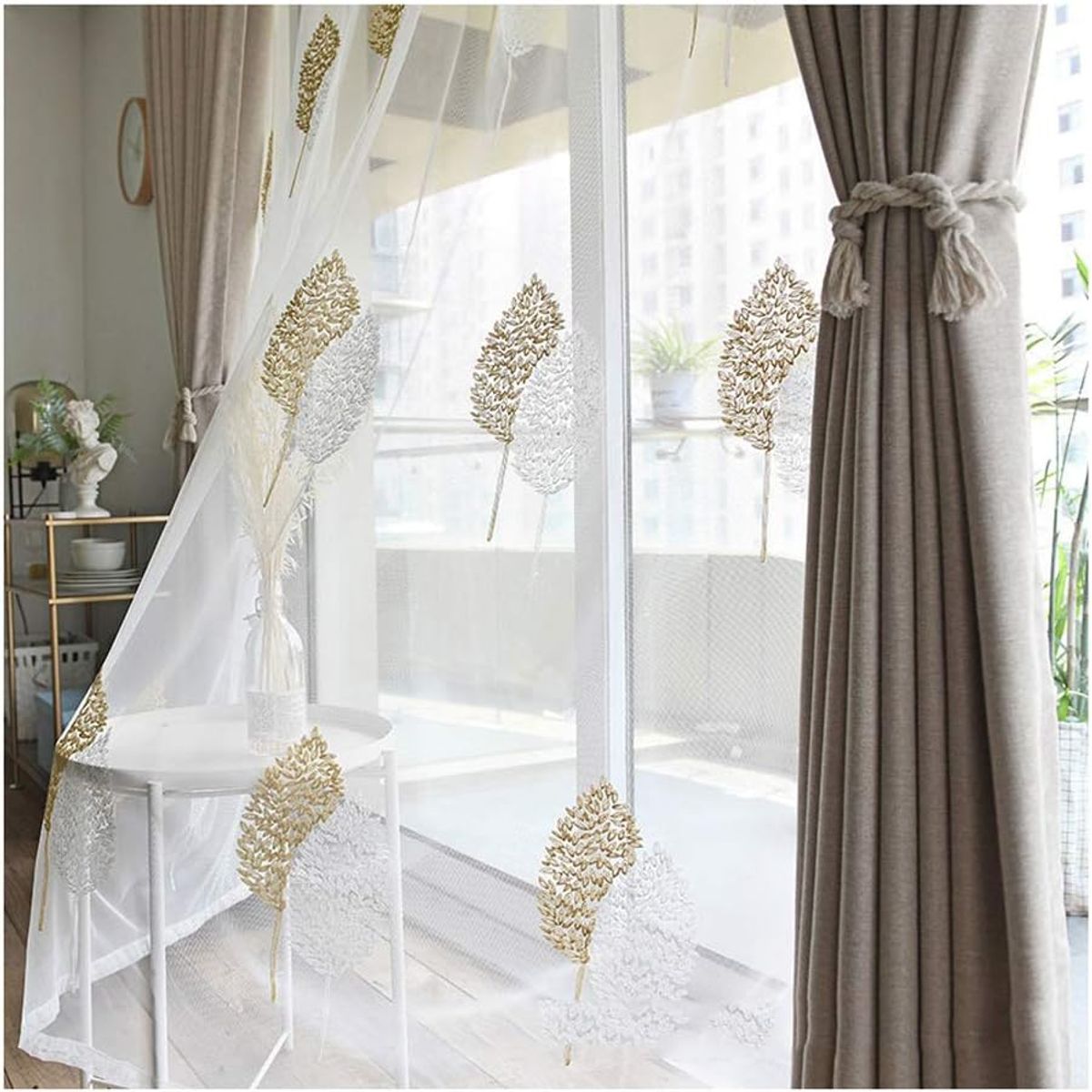 DIANA - visillo translucido bordado hojas beige  140x230 2 paño con argolla