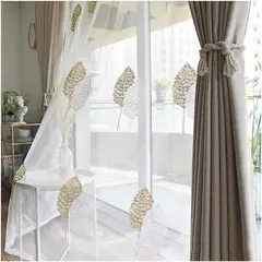 DIANA - Visillo translucido bordado hojas beige 140x230 2 paño con argolla
