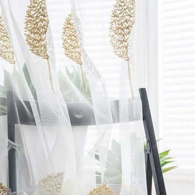 Imagen 2 del producto Visillo translucido bordado hojas beige 140x230 2 paño con argolla