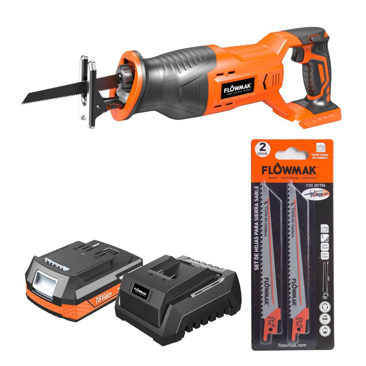 FLOWMAK - Kit Sierra Sable Inalámbrica y 2 Hojas Sierra Sable