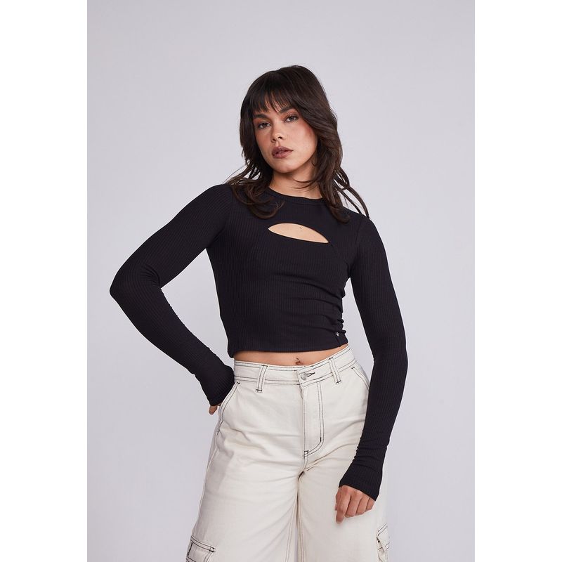 SIOUX - Polera Mujer Negro Manga Larga Escote Centro Sioux