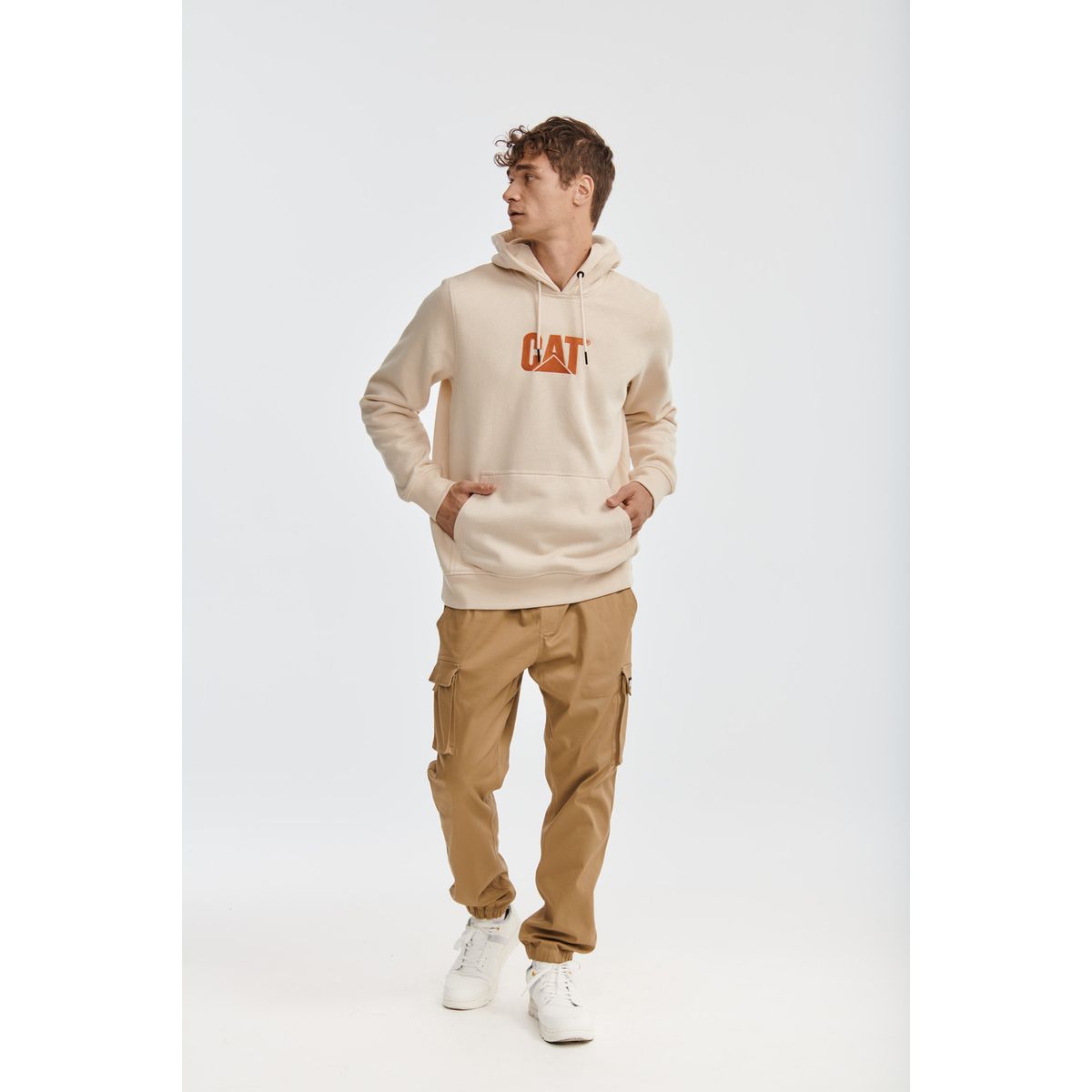 CAT - Polerón Unisex Fleece Logo Pullover Hoodie Beige CAT