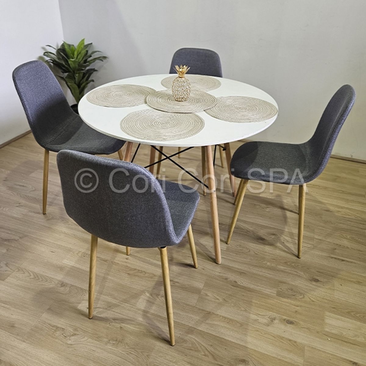 CORI CORI - Comedor Mesa Eames Blanca 100cms + 4 Sillas Scoop Gris